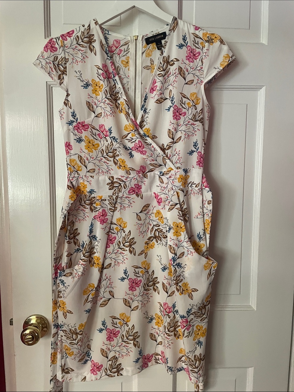 QED London Cream Floral Wrap Midi Dress with Pink & Yellow Blooms